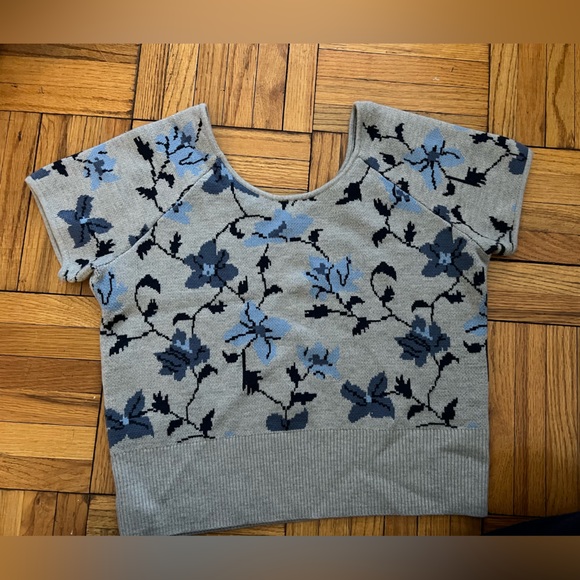 Club Monaco Floral  Wool Knit Short Sleeve Top Gray Blue Size L - Casual Spring - Picture 5 of 9